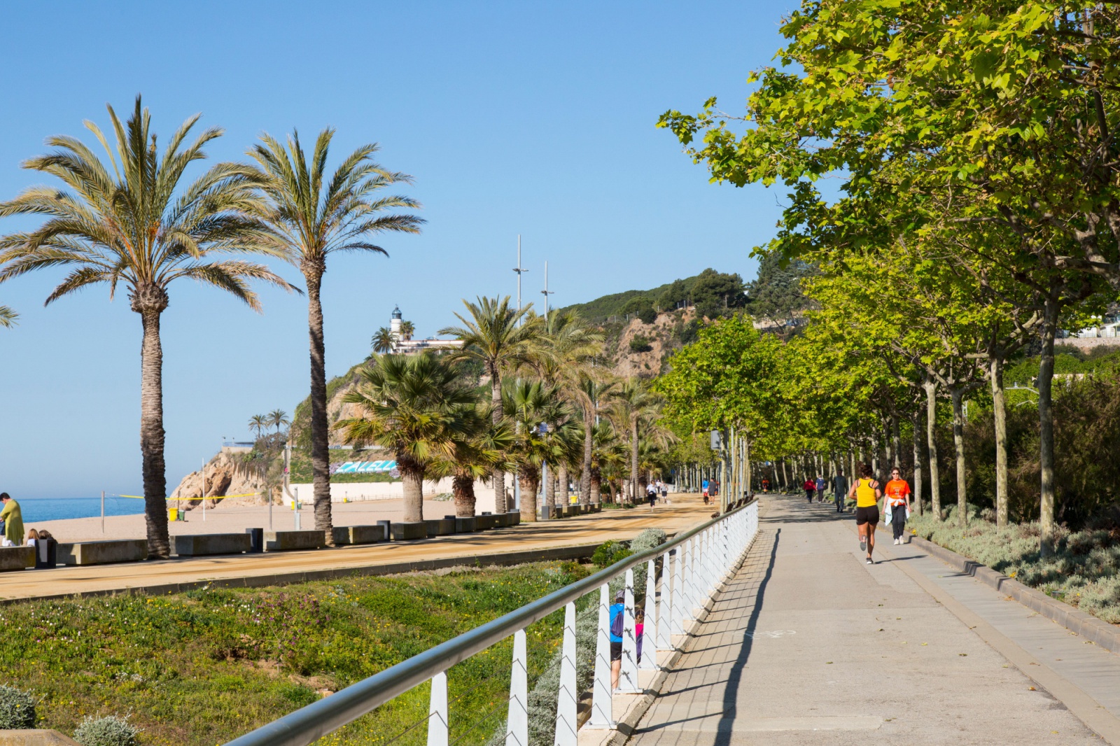 Imagen del paseo de mar durante un día soleado con personas haciendo deporte