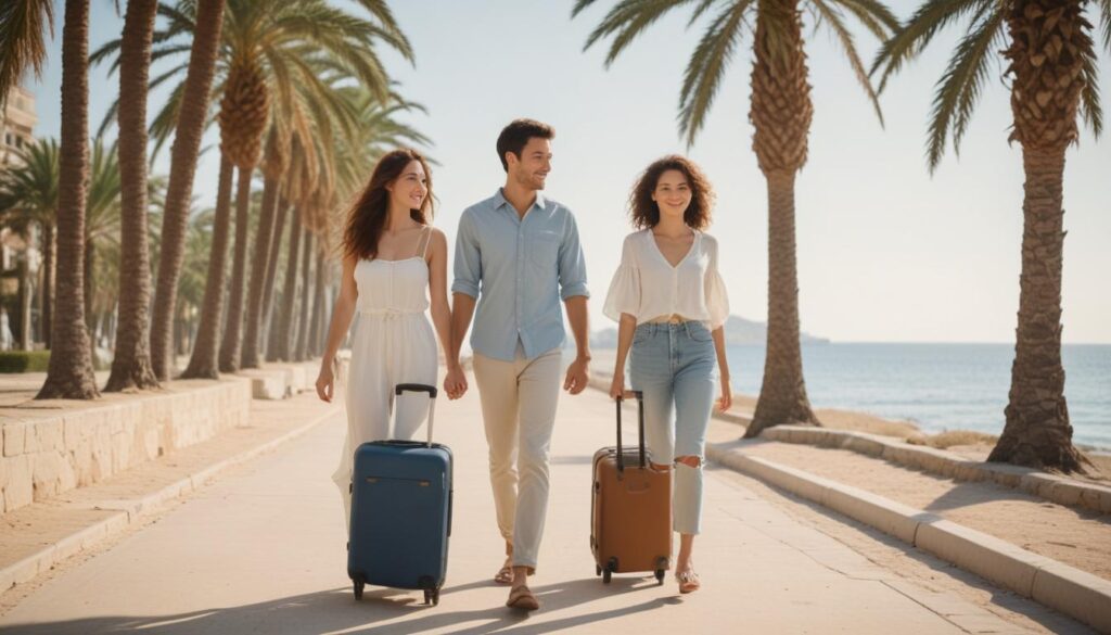 Pareja con maletas llegando de vacaciones al paseo marítimo de Calella