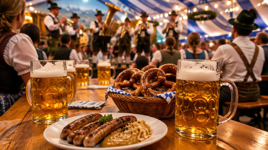 Jarras de cerveza, pretzels y banda bávara en la carpa de la Oktoberfest de Calella