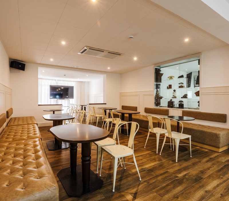 Sala del comedor elegante y tranquilo, sofás de cuero marrón claro.